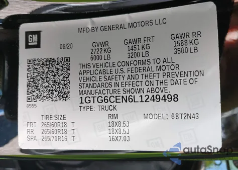 2020 GMC Canyon 4Wd Short Box Sle from USA, damaged, VIN 1GTG6CEN6L1249498